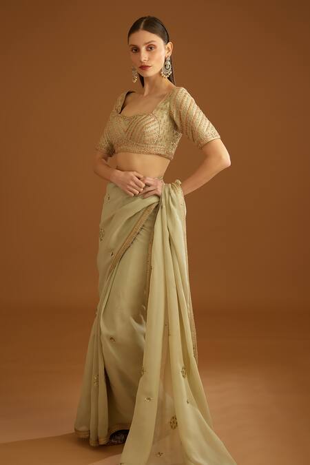 Shop_Shyam Narayan Prasad_Green Organza Embroidered Zardozi Sweetheart Neck Work Saree With Blouse _Online_at_Aza_Fashions