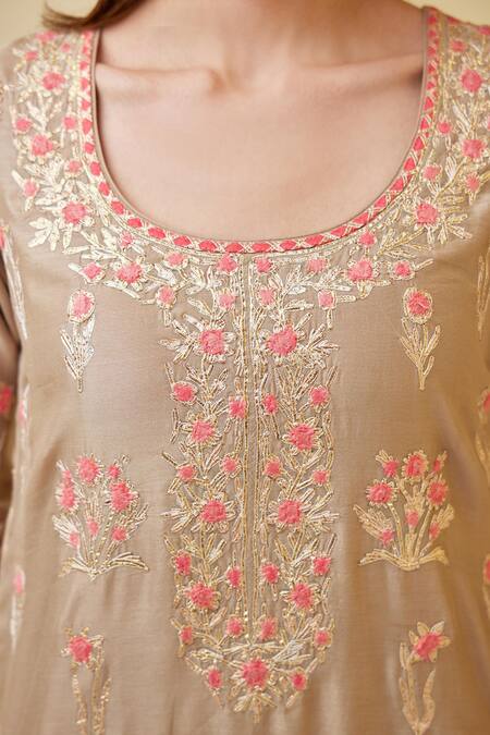 Buy_Shyam Narayan Prasad_Brown Chanderi Silk Embroidery Round Neck Gota And Thread Sharara Set _Online_at_Aza_Fashions