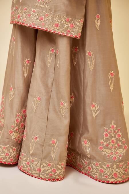 Shop_Shyam Narayan Prasad_Brown Chanderi Silk Embroidery Round Neck Gota And Thread Sharara Set _Online_at_Aza_Fashions