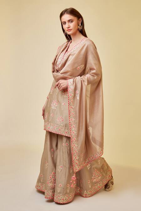 Shyam Narayan Prasad_Brown Chanderi Silk Embroidery Round Neck Gota And Thread Sharara Set _at_Aza_Fashions