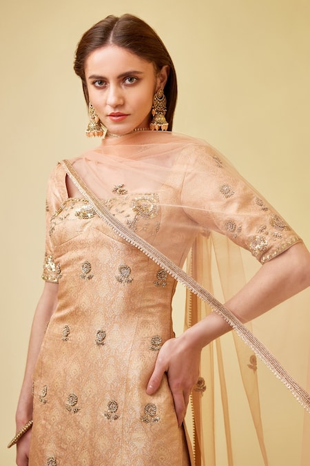 Shyam Narayan Prasad_Pink Brocade, Net Embroidery, Zari, Tassels Sweetheart Neck Kurta Sharara Set _at_Aza_Fashions