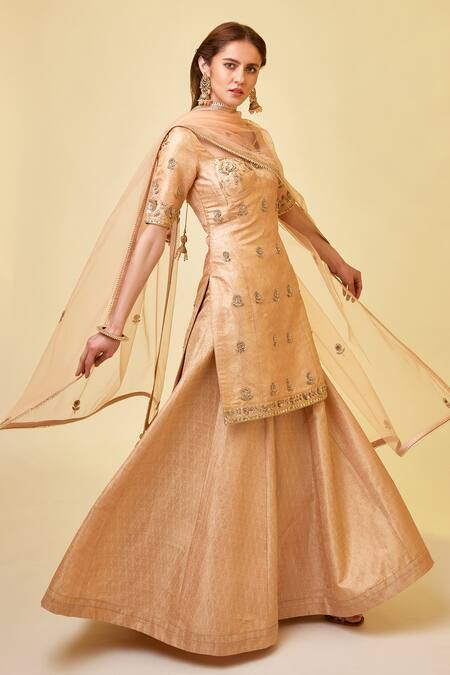 Shop_Shyam Narayan Prasad_Pink Brocade, Net Embroidery, Zari, Tassels Sweetheart Neck Kurta Sharara Set _Online_at_Aza_Fashions
