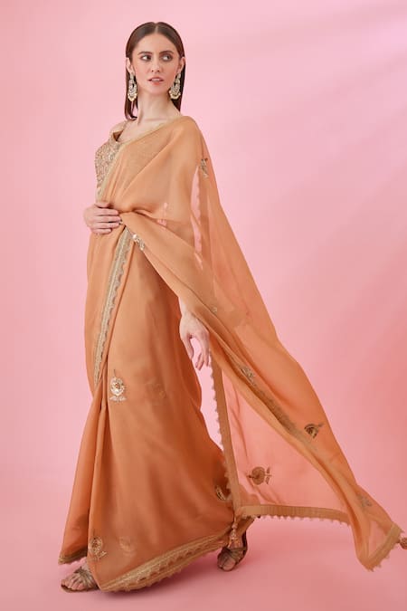 Shyam Narayan Prasad_Orange Organza, Brocade Zari, Sequins, Embroidery Open Border Saree With Blouse _Online_at_Aza_Fashions
