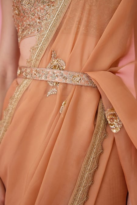 Buy_Shyam Narayan Prasad_Orange Organza, Brocade Zari, Sequins, Embroidery Open Border Saree With Blouse _Online_at_Aza_Fashions