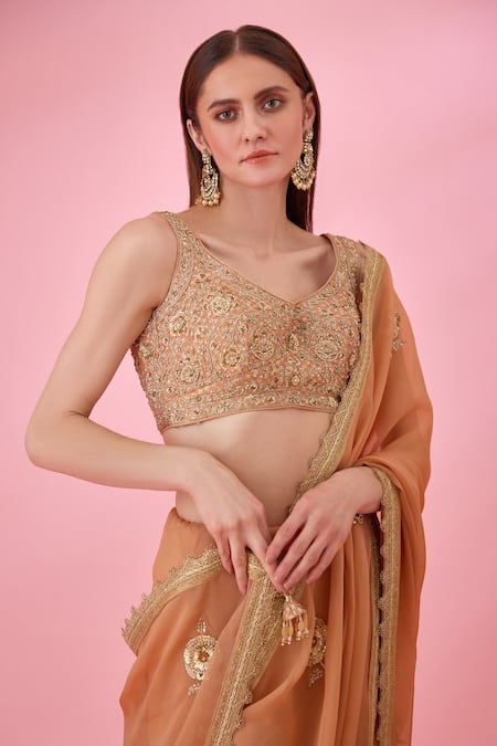 Shop_Shyam Narayan Prasad_Orange Organza, Brocade Zari, Sequins, Embroidery Open Border Saree With Blouse _Online_at_Aza_Fashions