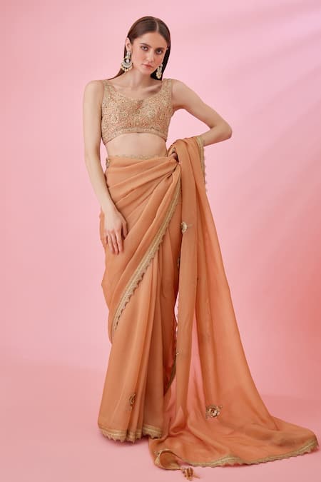 Shyam Narayan Prasad_Orange Organza, Brocade Zari, Sequins, Embroidery Open Border Saree With Blouse _at_Aza_Fashions