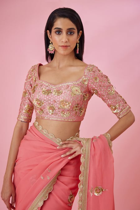 Shyam Narayan Prasad_Coral Organza, Brocade Zari, Sequins, Embroidery Round Neck Pink Saree Set _at_Aza_Fashions