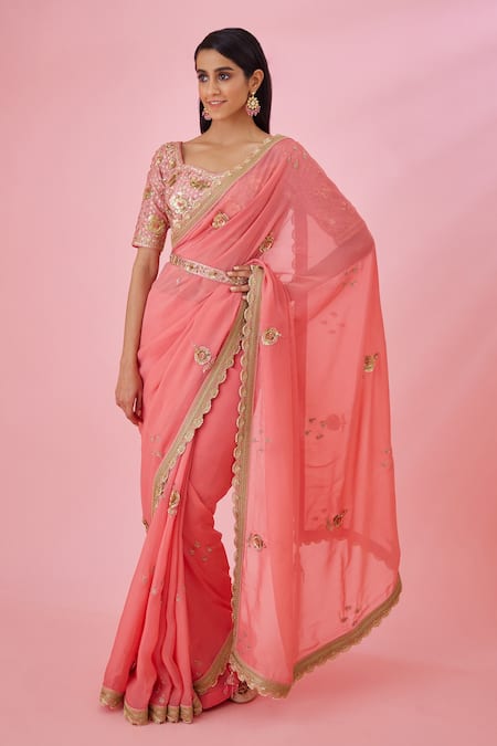 Shyam Narayan Prasad_Coral Organza, Brocade Zari, Sequins, Embroidery Round Neck Pink Saree Set _Online_at_Aza_Fashions