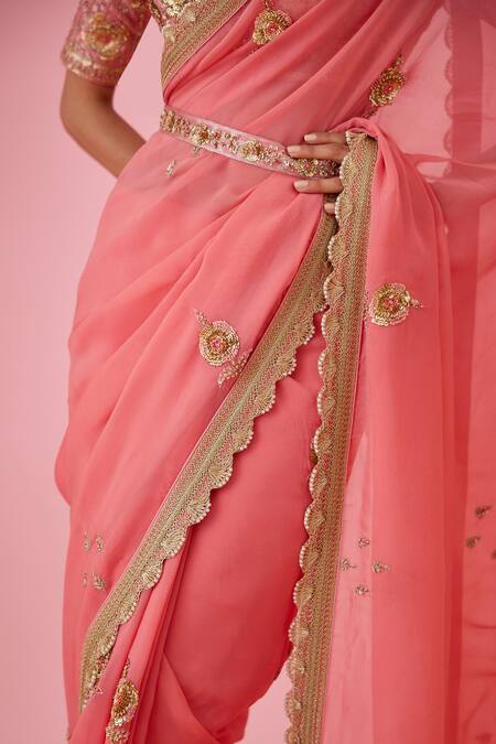 Buy_Shyam Narayan Prasad_Coral Organza, Brocade Zari, Sequins, Embroidery Round Neck Pink Saree Set _Online_at_Aza_Fashions