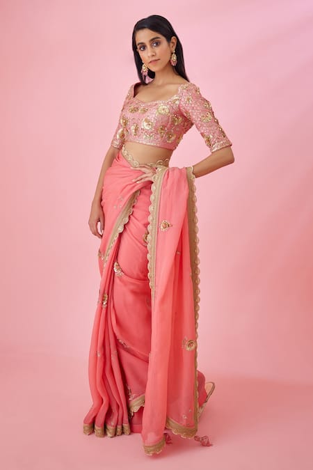 Shop_Shyam Narayan Prasad_Coral Organza, Brocade Zari, Sequins, Embroidery Round Neck Pink Saree Set _Online_at_Aza_Fashions