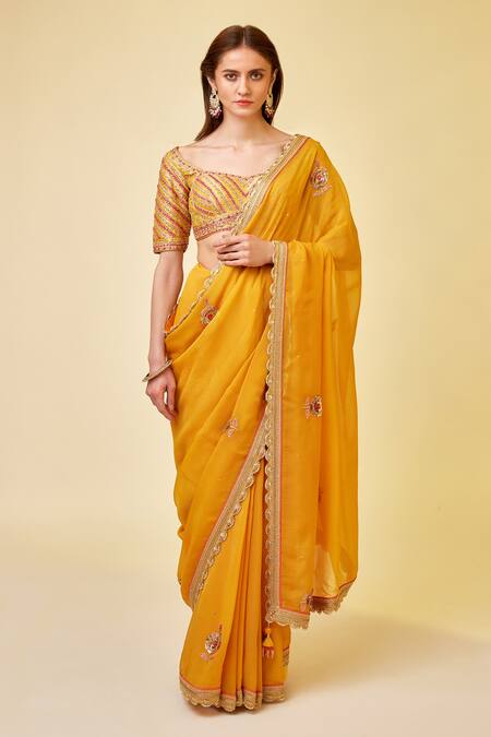 Shyam Narayan Prasad_Yellow Organza, Brocade Zari, Embroidery, Sequins Open Floral Zardozi Saree Set _Online_at_Aza_Fashions