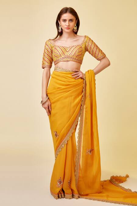 Shyam Narayan Prasad_Yellow Organza, Brocade Zari, Embroidery, Sequins Open Floral Zardozi Saree Set _at_Aza_Fashions