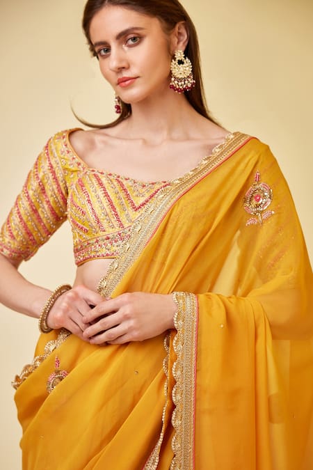 Buy_Shyam Narayan Prasad_Yellow Organza, Brocade Zari, Embroidery, Sequins Open Floral Zardozi Saree Set _Online_at_Aza_Fashions