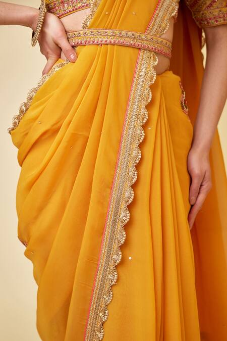 Shop_Shyam Narayan Prasad_Yellow Organza, Brocade Zari, Embroidery, Sequins Open Floral Zardozi Saree Set _Online_at_Aza_Fashions