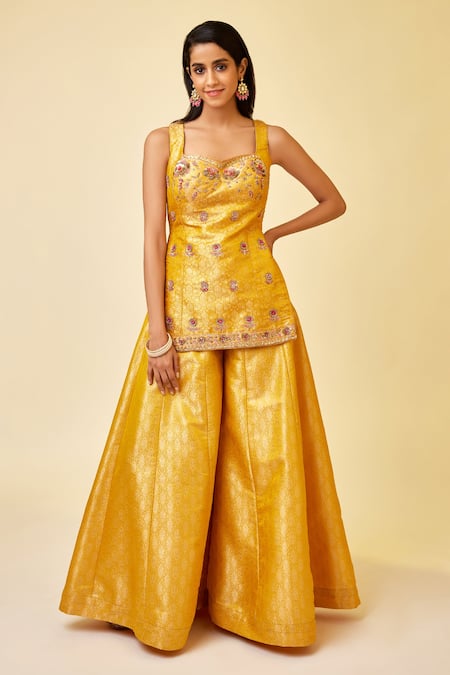 Shyam Narayan Prasad_Yellow Brocade, Net Embroidery, Zari Sweetheart Floral Zardozi Kurta Sharara Set _Online_at_Aza_Fashions