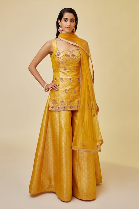 Buy_Shyam Narayan Prasad_Yellow Brocade, Net Embroidery, Zari Sweetheart Floral Zardozi Kurta Sharara Set _Online_at_Aza_Fashions