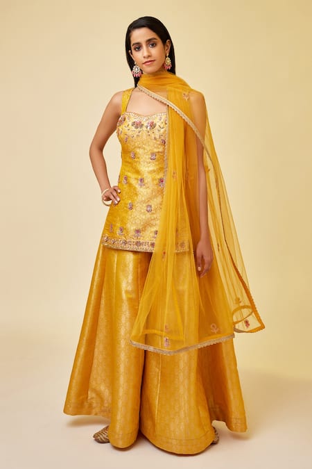 Shop_Shyam Narayan Prasad_Yellow Brocade, Net Embroidery, Zari Sweetheart Floral Zardozi Kurta Sharara Set _Online_at_Aza_Fashions