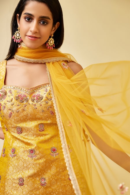 Shyam Narayan Prasad_Yellow Brocade, Net Embroidery, Zari Sweetheart Floral Zardozi Kurta Sharara Set _at_Aza_Fashions