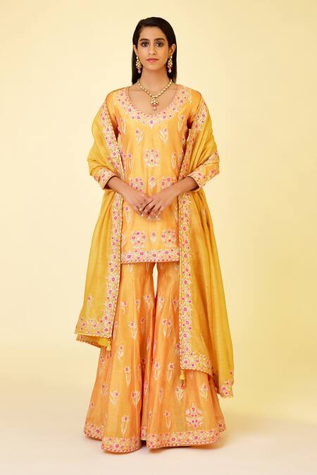 Shyam Narayan Prasad_Orange Chanderi Silk Embroidery, Gota Patti Round Neck Floral Kurta Set _Online_at_Aza_Fashions
