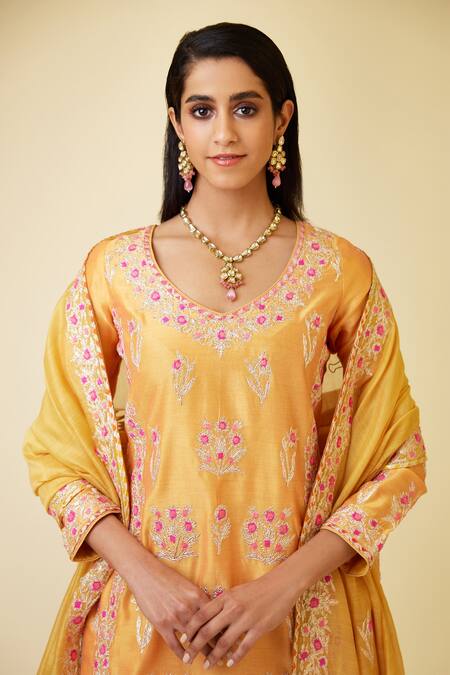 Shop_Shyam Narayan Prasad_Orange Chanderi Silk Embroidery, Gota Patti Round Neck Floral Kurta Set _Online_at_Aza_Fashions