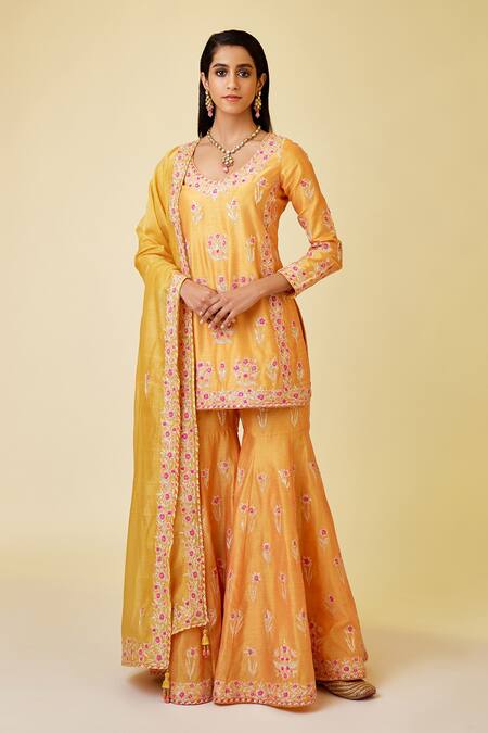 Shyam Narayan Prasad_Orange Chanderi Silk Embroidery, Gota Patti Round Neck Floral Kurta Set _at_Aza_Fashions