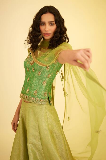 Buy_Shyam Narayan Prasad_Green Brocade, Net Zari, Embroidery V-neck Floral Woven Top Sharara Set _Online_at_Aza_Fashions