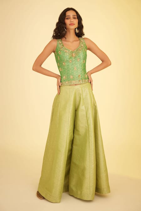 Shop_Shyam Narayan Prasad_Green Brocade, Net Zari, Embroidery V-neck Floral Woven Top Sharara Set _Online_at_Aza_Fashions