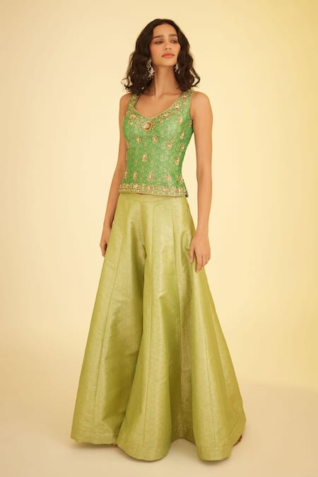 Shyam Narayan Prasad_Green Brocade, Net Zari, Embroidery V-neck Floral Woven Top Sharara Set _at_Aza_Fashions
