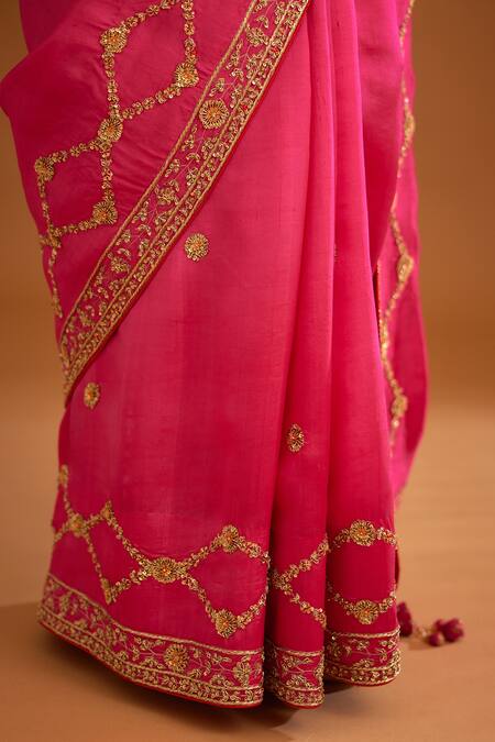 Shyam Narayan Prasad_Pink Dupion Silk Embroidered Zardozi Round Work Saree With Blouse _Online_at_Aza_Fashions