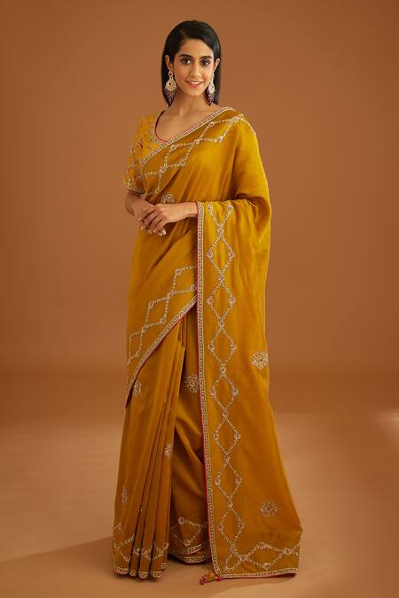 Buy Mustard Yellow Saree with Floral Patterns Online in UAE @Mohey - Saree  for Women