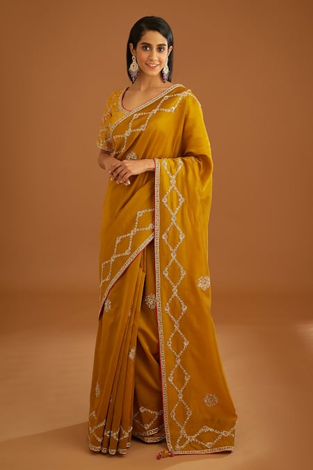 Buy Mustard Yellow Saree with Floral Patterns Online in UAE @Mohey - Saree  for Women