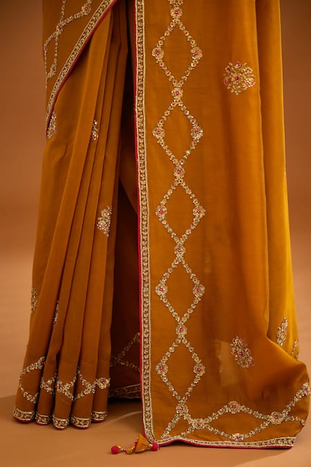 Shop_Shyam Narayan Prasad_Yellow Dupion Silk Embroidered Zardozi Round Work Saree With Chanderi Blouse _Online_at_Aza_Fashions