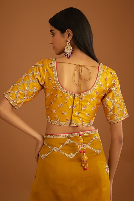 Shyam Narayan Prasad_Yellow Dupion Silk Embroidered Zardozi Round Work Saree With Chanderi Blouse _at_Aza_Fashions