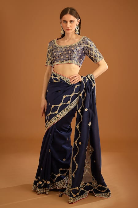 Shyam Narayan Prasad_Blue Dupion Silk Embroidered Zardozi Round Work Saree With Brocade Blouse _at_Aza_Fashions