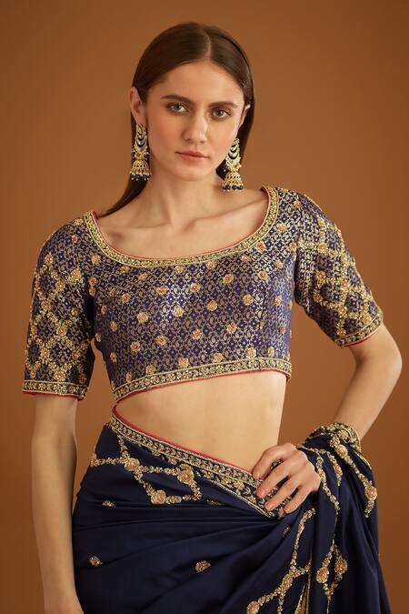 Buy_Shyam Narayan Prasad_Blue Dupion Silk Embroidered Zardozi Round Work Saree With Brocade Blouse 