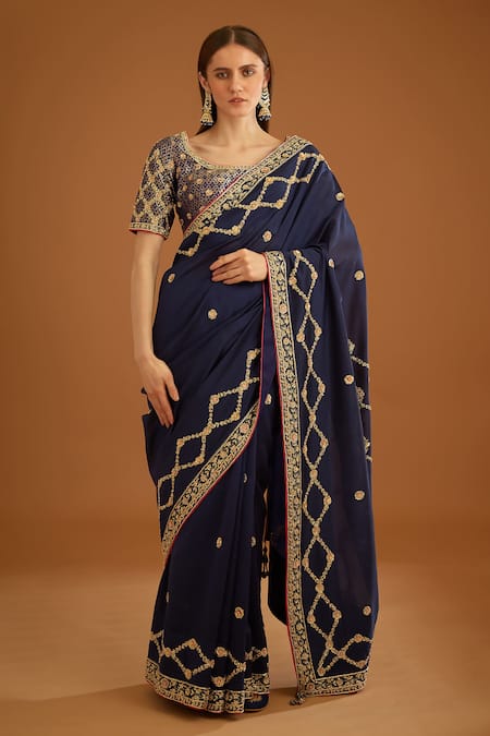 Shyam Narayan Prasad_Blue Dupion Silk Embroidered Zardozi Round Work Saree With Brocade Blouse _Online_at_Aza_Fashions