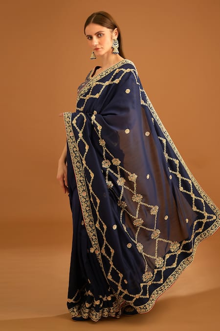 Shop_Shyam Narayan Prasad_Blue Dupion Silk Embroidered Zardozi Round Work Saree With Brocade Blouse _Online_at_Aza_Fashions