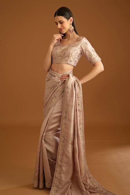 Shop_Shyam Narayan Prasad_Pink Dupion Silk Embroidered Zardozi Round Bouquet Work Saree With Blouse _Online_at_Aza_Fashions