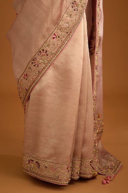 Shyam Narayan Prasad_Pink Dupion Silk Embroidered Zardozi Round Bouquet Work Saree With Blouse _Online_at_Aza_Fashions