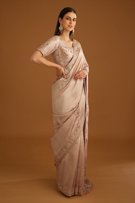Buy_Shyam Narayan Prasad_Pink Dupion Silk Embroidered Zardozi Round Bouquet Work Saree With Blouse _Online_at_Aza_Fashions