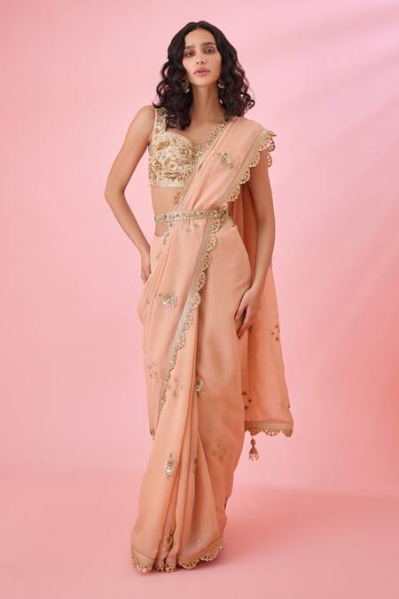 Buy_Shyam Narayan Prasad_Pink Organza, Brocade Zari, Embroidery, Sequins Floral Zardozi Saree Set _Online_at_Aza_Fashions