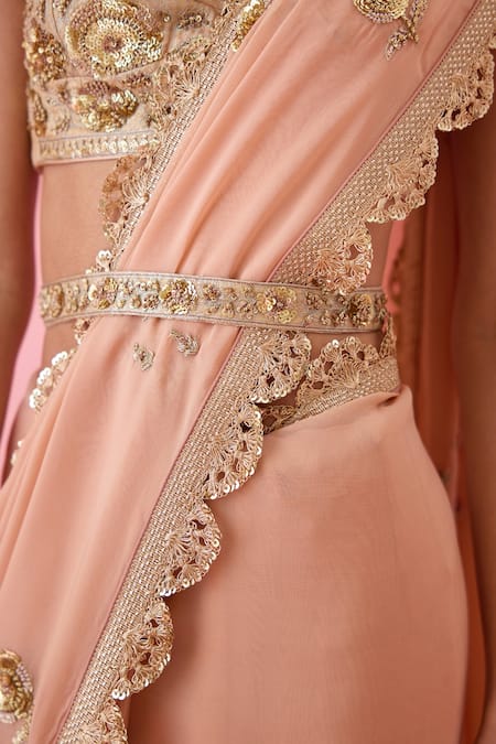 Shop_Shyam Narayan Prasad_Pink Organza, Brocade Zari, Embroidery, Sequins Floral Zardozi Saree Set _Online_at_Aza_Fashions