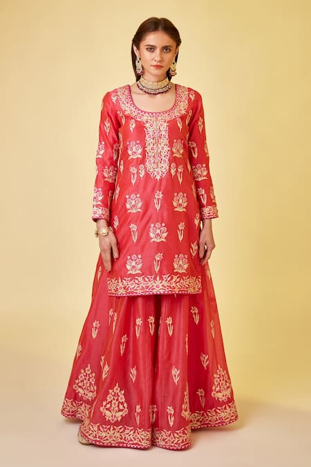 Shyam Narayan Prasad_Red Chanderi Silk Embroidery, Gota Patti Round Neck Thread Kurta Sharara Set _Online_at_Aza_Fashions