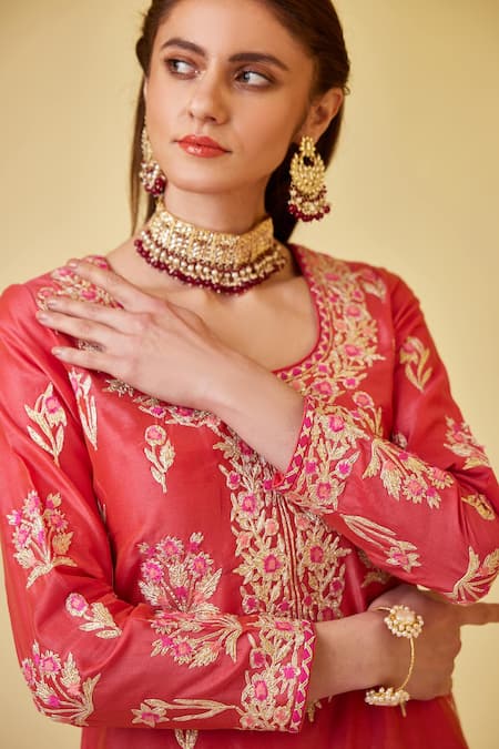 Buy_Shyam Narayan Prasad_Red Chanderi Silk Embroidery, Gota Patti Round Neck Thread Kurta Sharara Set _Online_at_Aza_Fashions