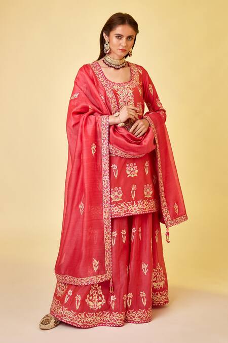 Shop_Shyam Narayan Prasad_Red Chanderi Silk Embroidery, Gota Patti Round Neck Thread Kurta Sharara Set _Online_at_Aza_Fashions