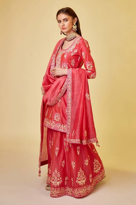 Shyam Narayan Prasad_Red Chanderi Silk Embroidery, Gota Patti Round Neck Thread Kurta Sharara Set _at_Aza_Fashions