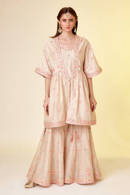 Shyam Narayan Prasad_White Silk, Embroidery, Gota Patti, Tassels Open Angrakha Set _Online_at_Aza_Fashions