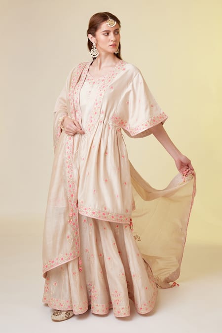 Buy_Shyam Narayan Prasad_White Silk, Embroidery, Gota Patti, Tassels Open Angrakha Set _Online_at_Aza_Fashions