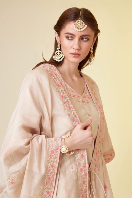 Shop_Shyam Narayan Prasad_White Silk, Embroidery, Gota Patti, Tassels Open Angrakha Set _Online_at_Aza_Fashions