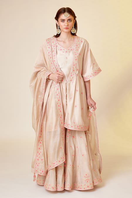 Shyam Narayan Prasad_White Silk, Embroidery, Gota Patti, Tassels Open Angrakha Set _at_Aza_Fashions